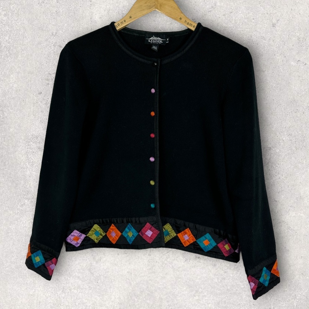 Icelandic Design Silk Embroidered Quilt Knit Cardigan Sweater Black Size Medium‎